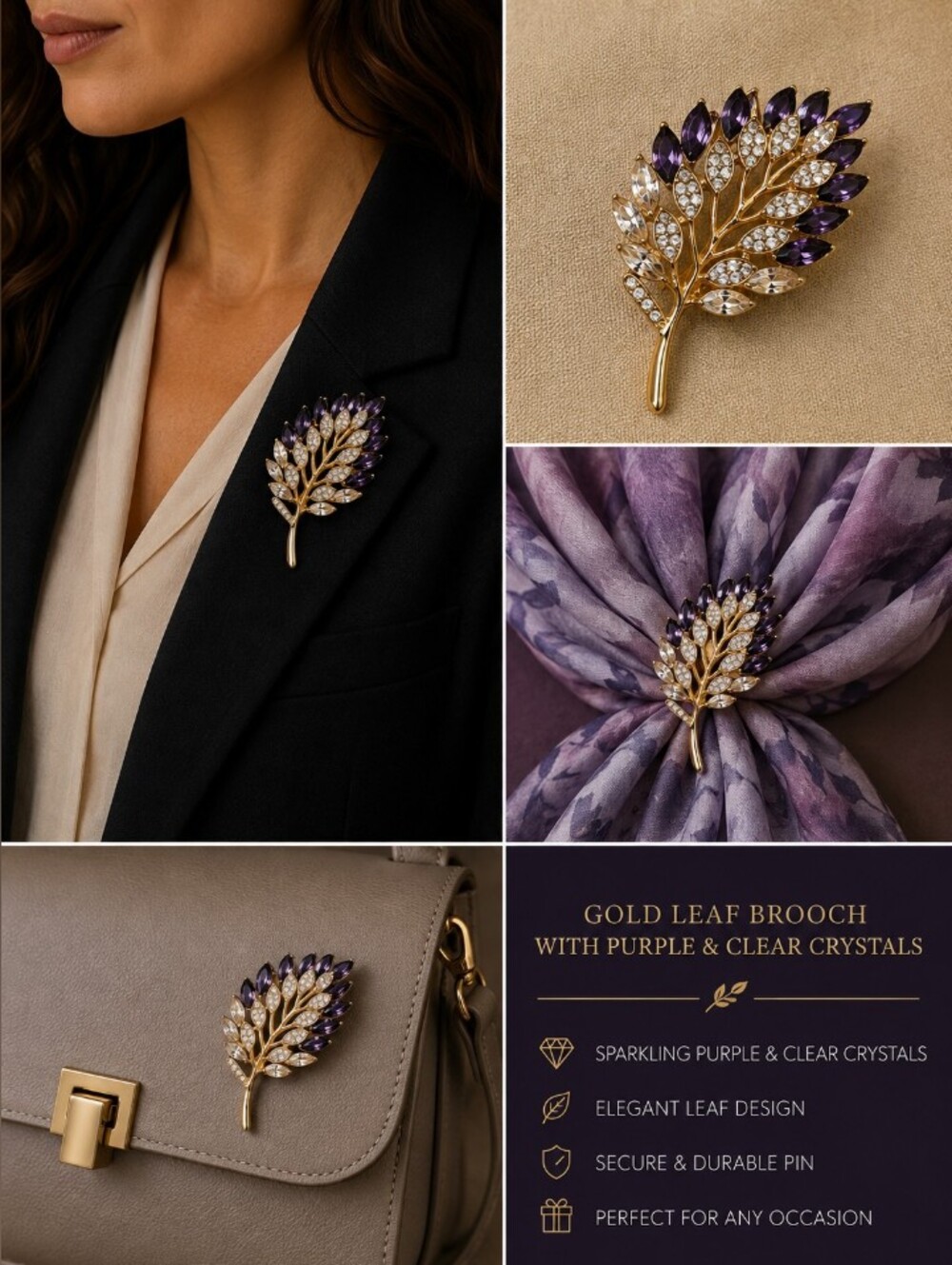Gold Leaf Brooch with Purple and Clear Crystals